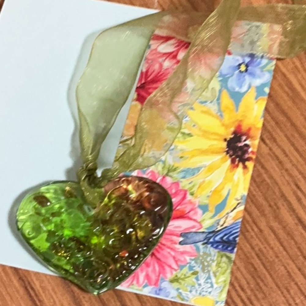 Green Heart Glass Cabochon with Copper Flakes-on a green ribbon